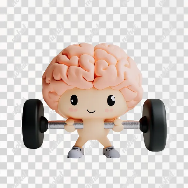 PNG Cute brain character exercising with weights in a clay diorama scene