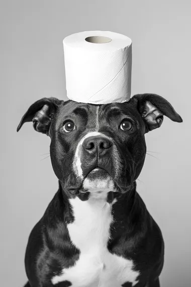 Staffordshire Bull Terrier To Balance Toilet Paper Rolls On His Head, front view, Staffordshire Bull Terrier one eye looking up toilet paper, light blank background, Black And White