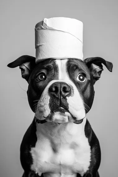 Staffordshire Bull Terrier To Balance Toilet Paper Rolls On His Head, front view, Staffordshire Bull Terrier one eye looking up toilet paper, light blank background, Black And White