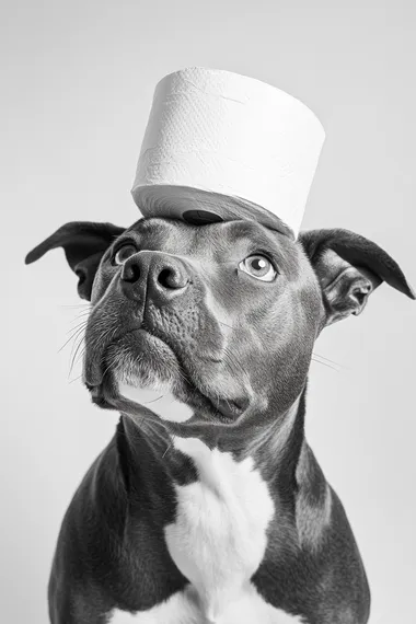 Staffordshire Bull Terrier To Balance Toilet Paper Rolls On His Head, front view, Staffordshire Bull Terrier one eye looking up toilet paper, light blank background, Black And White