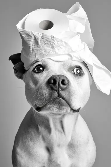 Staffordshire Bull Terrier To Balance Toilet Paper Rolls On His Head, front view, Staffordshire Bull Terrier one eye looking up toilet paper, light blank background, Black And White