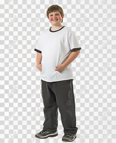 an overweight happy teenager standing in front of a solid background     58ba7j2