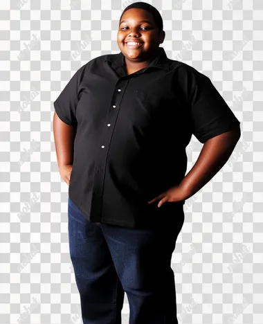 an overweight happy teenager standing in front of a solid background     58ba7j2