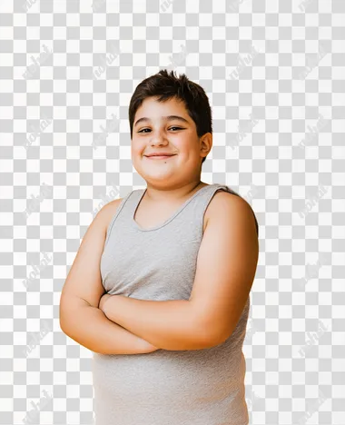 an overweight happy teenager standing in front of a solid background     58ba7j2