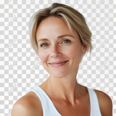 A photorealistic image of a smiling a middle-aged woman, not holding anything, wearing a clean white tank top, captured with a Canon EOS 5D Mark IV, 50mm lens, f/2.8 aperture for sharp focus on the subject and soft background blur, bright and clean studio environment with a white backdrop,