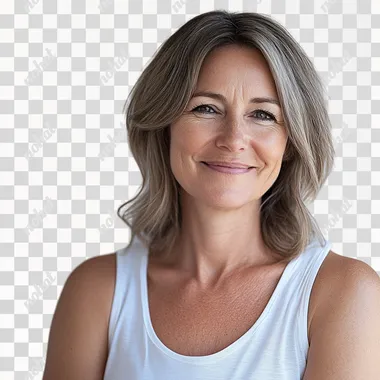 A photorealistic image of a smiling a middle-aged woman, not holding anything, wearing a clean white tank top, captured with a Canon EOS 5D Mark IV, 50mm lens, f/2.8 aperture for sharp focus on the subject and soft background blur, bright and clean studio environment with a white backdrop,