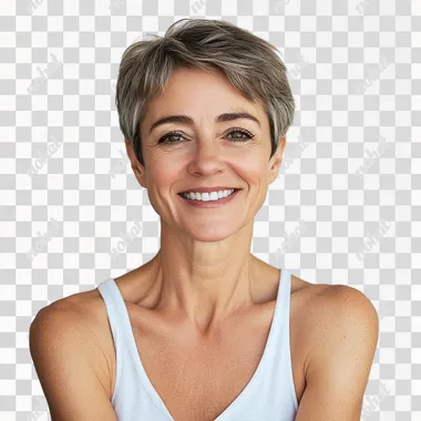 A photorealistic image of a smiling a middle-aged woman, not holding anything, wearing a clean white tank top, captured with a Canon EOS 5D Mark IV, 50mm lens, f/2.8 aperture for sharp focus on the subject and soft background blur, bright and clean studio environment with a white backdrop,