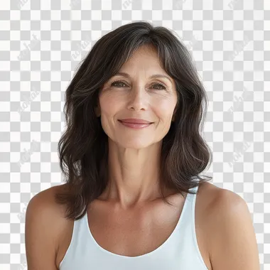 A photorealistic image of a smiling a middle-aged woman, not holding anything, wearing a clean white tank top, captured with a Canon EOS 5D Mark IV, 50mm lens, f/2.8 aperture for sharp focus on the subject and soft background blur, bright and clean studio environment with a white backdrop,