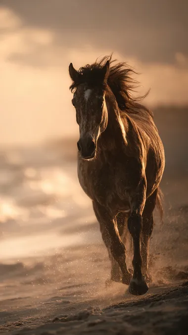 an elegant Arabian horse running on a wet beach at sunset, golden sky reflecting on the water, detailed Arabian features, arched neck, high tail, flowing mane, powerful and graceful movement, cinematic lighting, ultra-realistic, serene and majestic atmosphere    ugb4pbi --raw
