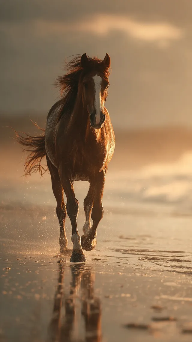 Majestic Arabian Horse Running on a Serene Beach at Sunset