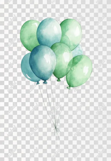 A n illustration of a bouquet of balloons in light blue and green, against a white background, with a pastel color palette, creating an aesthetic, simple, and minimalistic composition.