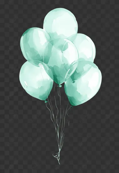 A n illustration of a bouquet of balloons in light blue and green, against a white background, with a pastel color palette, creating an aesthetic, simple, and minimalistic composition.