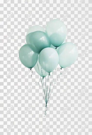A n illustration of a bouquet of balloons in light blue and green, against a white background, with a pastel color palette, creating an aesthetic, simple, and minimalistic composition.