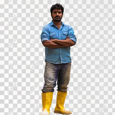 wide body front shot of a standing indian construction worker in a blue shirt wearing yellow boots