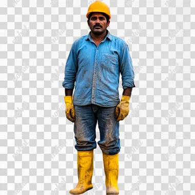 wide body front shot of a standing indian construction worker in a blue shirt wearing yellow boots