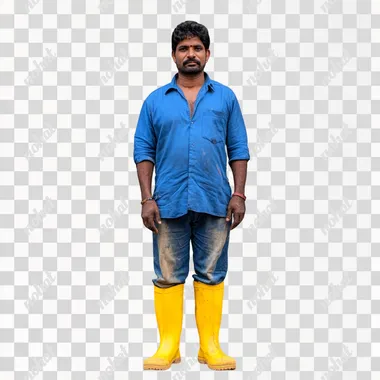 wide body front shot of a standing indian construction worker in a blue shirt wearing yellow boots