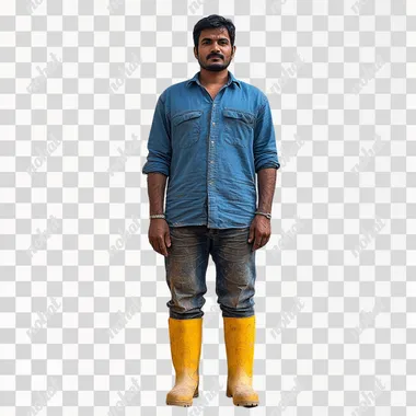 wide body front shot of a standing indian construction worker in a blue shirt wearing yellow boots