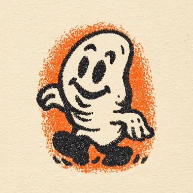 Cute vintage cartoon mascot character Halloween in 1950s screen print style, Extremely simplified shapes, chibi-like proportions, thick outline, no facial detail beyond dots and curve lines, one-color ink design. In the style of old American diner logos. Perfect for retro T-shirt print. Off-white background. rofile vg7y6ad