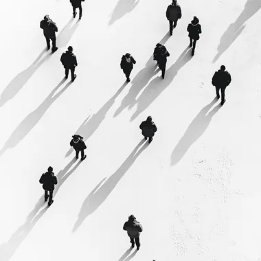 "Top-down view of people, minimalist black silhouettes, white background