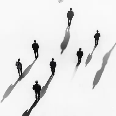 "Top-down view of people, minimalist black silhouettes, white background