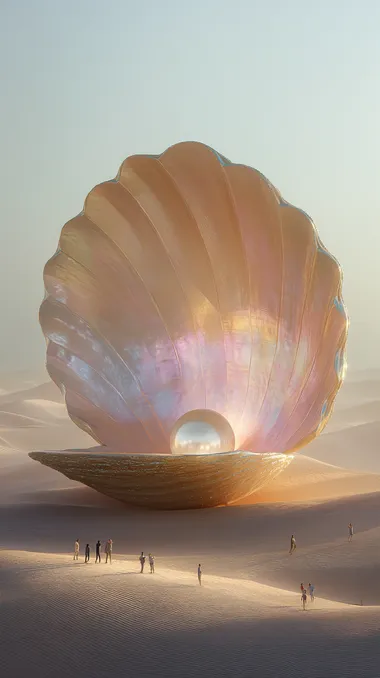 absolutely stunning, hyperrealistic desert scene at golden hour. In the middle of endless golden sand dunes stands an enormous, open seashell so gigantic it resembles a grand museum or ancient monument. Its surface shimmers with soft iridescent colors pearl pinks, silvers, and golds catching the sunlight. Inside the massive shell rests a colossal, glowing pearl, radiating a gentle, magical light that bathes the nearby dunes. Tiny human figures at the base look minuscule in comparison, emphasizing the shells breathtaking scale. Fine sand swirls in the warm breeze, the atmosphere feels dreamlike, sacred, and utterly mesmerizing. Ultra-detailed textures, cinematic lighting, hyperrealistic, 32K, awe-inspiring beauty.