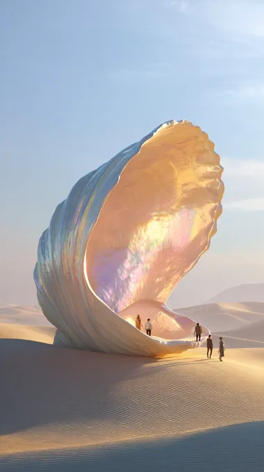 absolutely stunning, hyperrealistic desert scene at golden hour. In the middle of endless golden sand dunes stands an enormous, open seashell so gigantic it resembles a grand museum or ancient monument. Its surface shimmers with soft iridescent colors pearl pinks, silvers, and golds catching the sunlight. Inside the massive shell rests a colossal, glowing pearl, radiating a gentle, magical light that bathes the nearby dunes. Tiny human figures at the base look minuscule in comparison, emphasizing the shells breathtaking scale. Fine sand swirls in the warm breeze, the atmosphere feels dreamlike, sacred, and utterly mesmerizing. Ultra-detailed textures, cinematic lighting, hyperrealistic, 32K, awe-inspiring beauty.