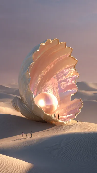 absolutely stunning, hyperrealistic desert scene at golden hour. In the middle of endless golden sand dunes stands an enormous, open seashell so gigantic it resembles a grand museum or ancient monument. Its surface shimmers with soft iridescent colors pearl pinks, silvers, and golds catching the sunlight. Inside the massive shell rests a colossal, glowing pearl, radiating a gentle, magical light that bathes the nearby dunes. Tiny human figures at the base look minuscule in comparison, emphasizing the shells breathtaking scale. Fine sand swirls in the warm breeze, the atmosphere feels dreamlike, sacred, and utterly mesmerizing. Ultra-detailed textures, cinematic lighting, hyperrealistic, 32K, awe-inspiring beauty.