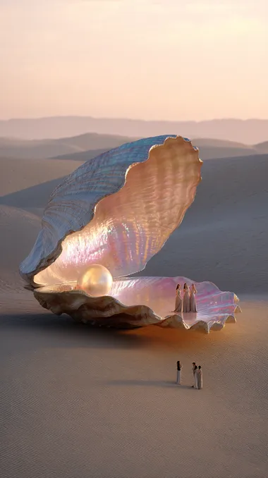 absolutely stunning, hyperrealistic desert scene at golden hour. In the middle of endless golden sand dunes stands an enormous, open seashell so gigantic it resembles a grand museum or ancient monument. Its surface shimmers with soft iridescent colors pearl pinks, silvers, and golds catching the sunlight. Inside the massive shell rests a colossal, glowing pearl, radiating a gentle, magical light that bathes the nearby dunes. Tiny human figures at the base look minuscule in comparison, emphasizing the shells breathtaking scale. Fine sand swirls in the warm breeze, the atmosphere feels dreamlike, sacred, and utterly mesmerizing. Ultra-detailed textures, cinematic lighting, hyperrealistic, 32K, awe-inspiring beauty.