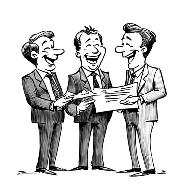 Three corporate executives laughing at a report in the style of a simple black and white cartoon like a New Yorker cartoon