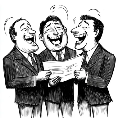 Three corporate executives laughing at a report in the style of a simple black and white cartoon like a New Yorker cartoon