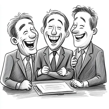Three corporate executives laughing at a report in the style of a simple black and white cartoon like a New Yorker cartoon