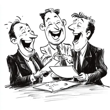 Three corporate executives laughing at a report in the style of a simple black and white cartoon like a New Yorker cartoon