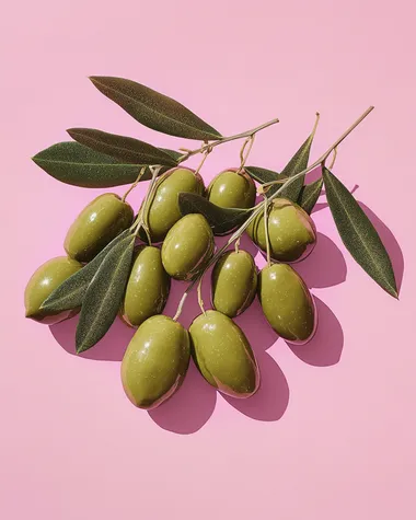 a high key surreal illustration of 12 gigantic spaced out sequined kalamata olives, surrealistic plush olive forms, tinsel and glitter, plush olives, bright colours, by Martin Parr, on a plain pink background