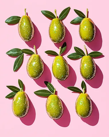 a high key surreal illustration of 12 gigantic spaced out sequined kalamata olives, surrealistic plush olive forms, tinsel and glitter, plush olives, bright colours, by Martin Parr, on a plain pink background