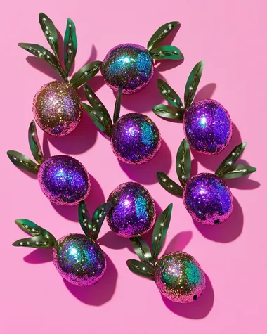 a high key surreal illustration of 12 gigantic spaced out sequined kalamata olives, surrealistic plush olive forms, tinsel and glitter, plush olives, bright colours, by Martin Parr, on a plain pink background