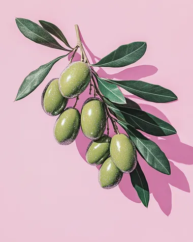 a high key surreal illustration of 12 gigantic spaced out sequined kalamata olives, surrealistic plush olive forms, tinsel and glitter, plush olives, bright colours, by Martin Parr, on a plain pink background