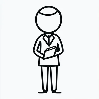 Create a minimalist stick figure of a professional interviewer. The figure should have no gender-specific features and use simple, clean lines. Include elements like a suit (or blazer) and a clipboard or pen to emphasize professionalism. Avoid hairstyles or facial features that imply gender. Ensure the design is neutral, approachable, and focused on simplicity.
