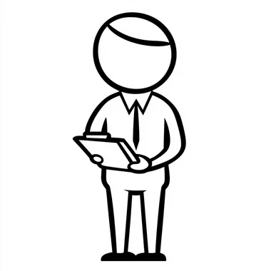 Create a minimalist stick figure of a professional interviewer. The figure should have no gender-specific features and use simple, clean lines. Include elements like a suit (or blazer) and a clipboard or pen to emphasize professionalism. Avoid hairstyles or facial features that imply gender. Ensure the design is neutral, approachable, and focused on simplicity.