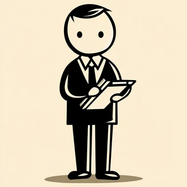 Create a minimalist stick figure of a professional interviewer. The figure should have no gender-specific features and use simple, clean lines. Include elements like a suit (or blazer) and a clipboard or pen to emphasize professionalism. Avoid hairstyles or facial features that imply gender. Ensure the design is neutral, approachable, and focused on simplicity.