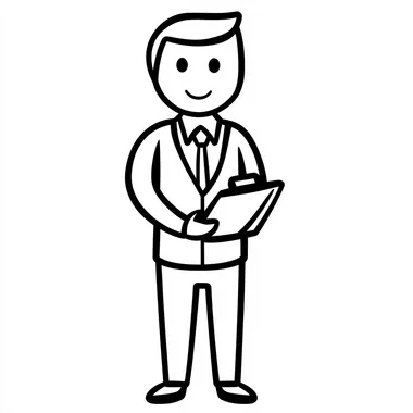 Create a minimalist stick figure of a professional interviewer. The figure should have no gender-specific features and use simple, clean lines. Include elements like a suit (or blazer) and a clipboard or pen to emphasize professionalism. Avoid hairstyles or facial features that imply gender. Ensure the design is neutral, approachable, and focused on simplicity.