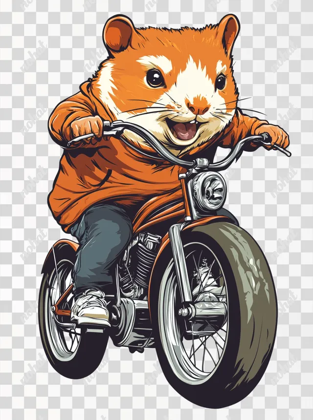 PNG Hamster on motorcycle with smile, brown and orange fur in action