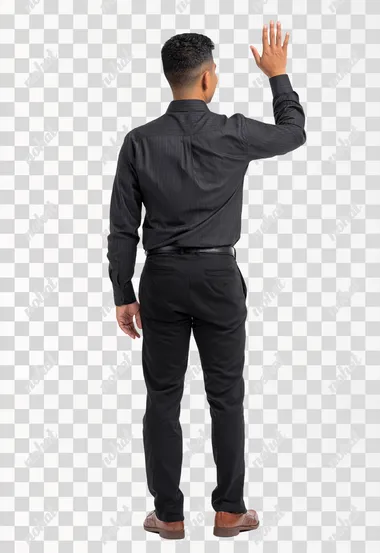 Full-body photo of a Latino man in semi-formal attire, taken from a rear, side, and left rear view. The man has his right hand raised as if he were touching a screen. The background is white, studio-style.