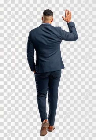 Full-body photo of a Latino man in semi-formal attire, taken from a rear, side, and left rear view. The man has his right hand raised as if he were touching a screen. The background is white, studio-style.