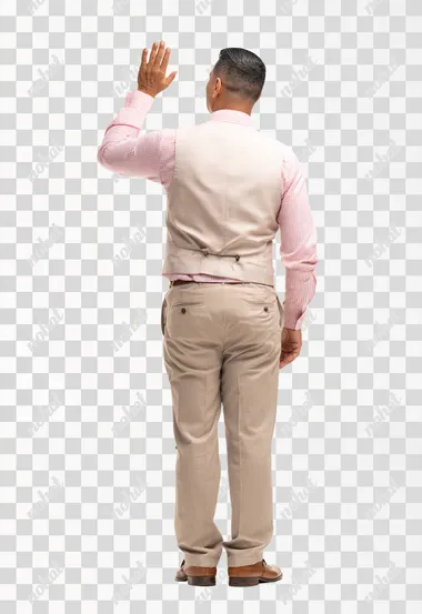 Full-body photo of a Latino man in semi-formal attire, taken from a rear, side, and left rear view. The man has his right hand raised as if he were touching a screen. The background is white, studio-style.