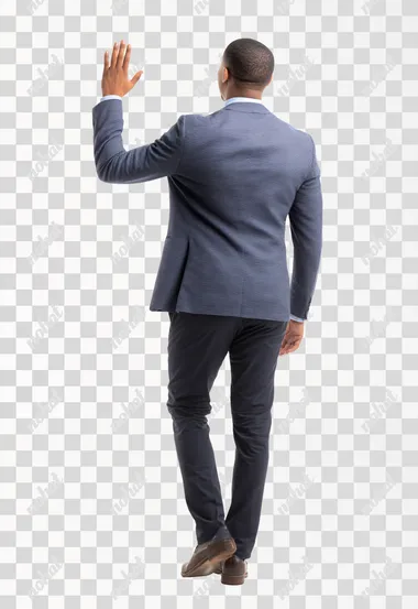Full-body photo of a Latino man in semi-formal attire, taken from a rear, side, and left rear view. The man has his right hand raised as if he were touching a screen. The background is white, studio-style.