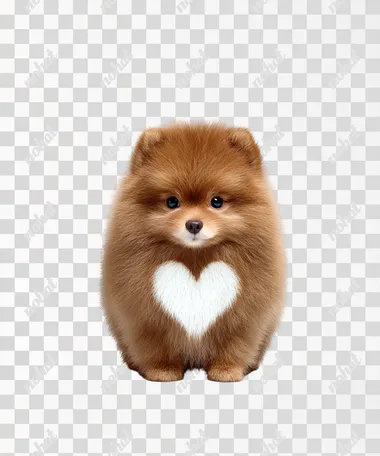 a front-facing brown Pomeranian puppy with a white heart-shaped fur marking on the center of its face, realistic and detailed fur texture, fluffy and adorable, soft expression, white background, studio lighting, highly detailed, charming and unique appearance  --raw rofile 8y86wm5