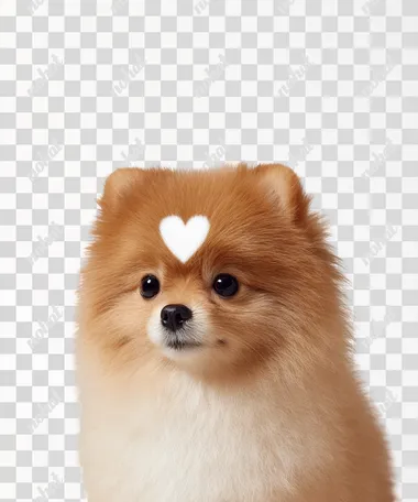 a front-facing brown Pomeranian puppy with a white heart-shaped fur marking on the center of its face, realistic and detailed fur texture, fluffy and adorable, soft expression, white background, studio lighting, highly detailed, charming and unique appearance  --raw rofile 8y86wm5