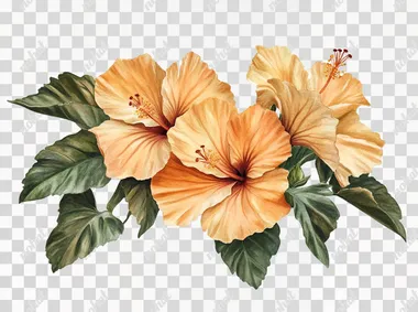 Orange color hibiscus flower with green leaves isolated on white background