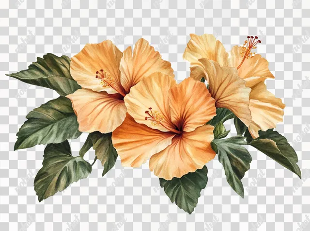 PNG Orange hibiscus flower with green leaves in tropical garden setting