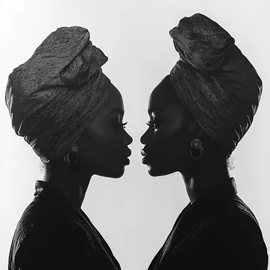 ultra realistic image of a silhouette of two beautiful female African models against a plain white background --s 750
